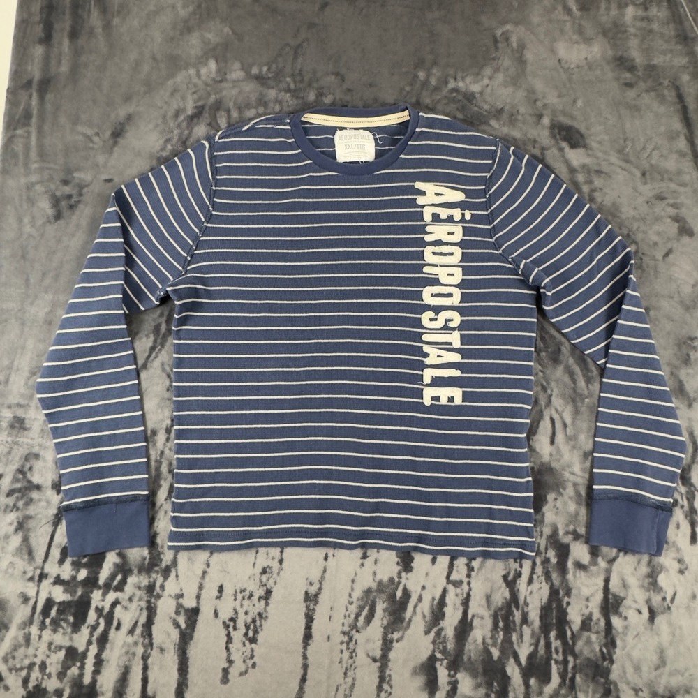 Aeropostale Thermal Shirt Mens XXL Blue Striped Waffle Knit Long Sleeve Logo